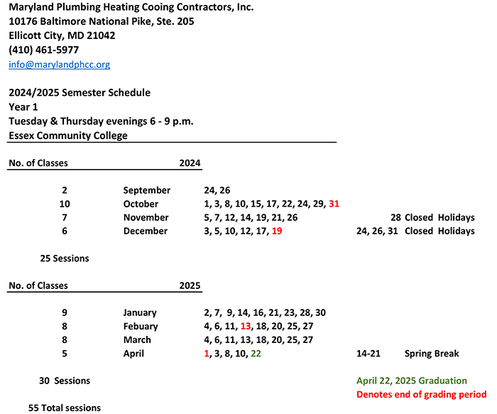 20242025 Class Schedule Maryland PHCC